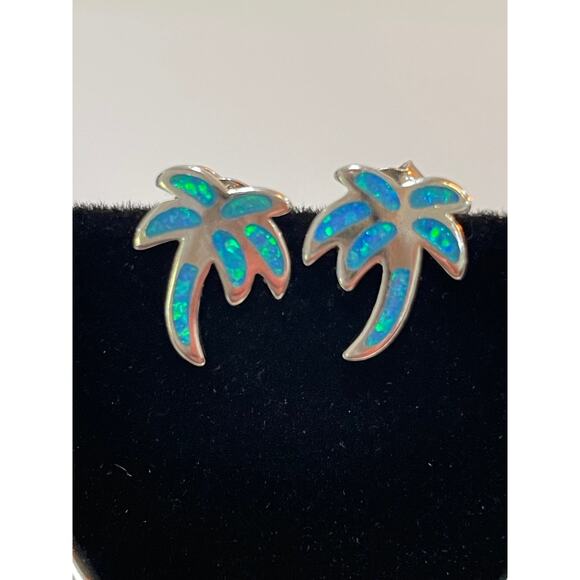 Sterling Silver Earrings 3 Pairs CZ Studs Silver Drops and Blue Opal Palm Trees - Picture 5 of 8